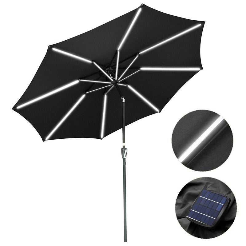 TheDisplayOutlet Solar Patio Umbrella with Light Tubes Tilt Metal 10ft 8-Rib, Black Image