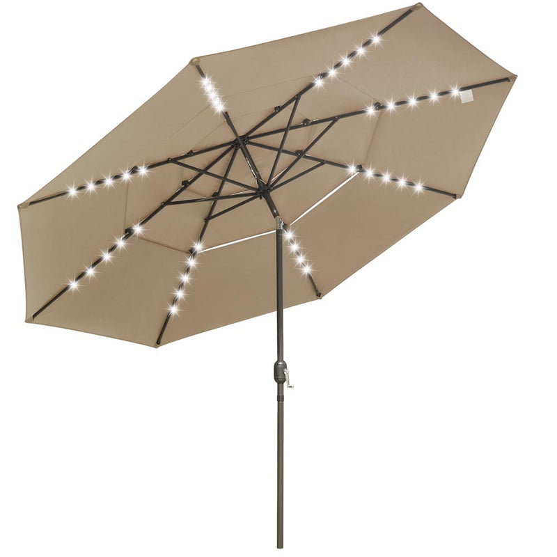 TheDisplayOutlet Solar Patio Umbrella w/ Light Bulbs Tilt 3-Tiered 11ft 8-Rib, Khaki Image