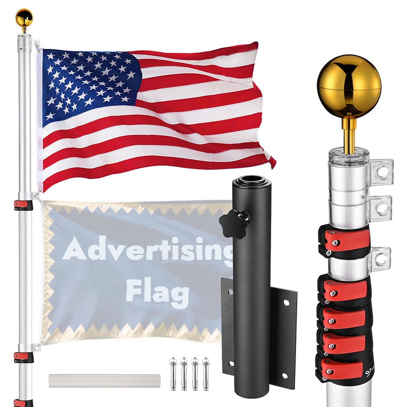 TheDisplayOutlet 20ft Telescopic Banner Poles with Mount, Silver Pole & Fence Mount & 1 Flag Image