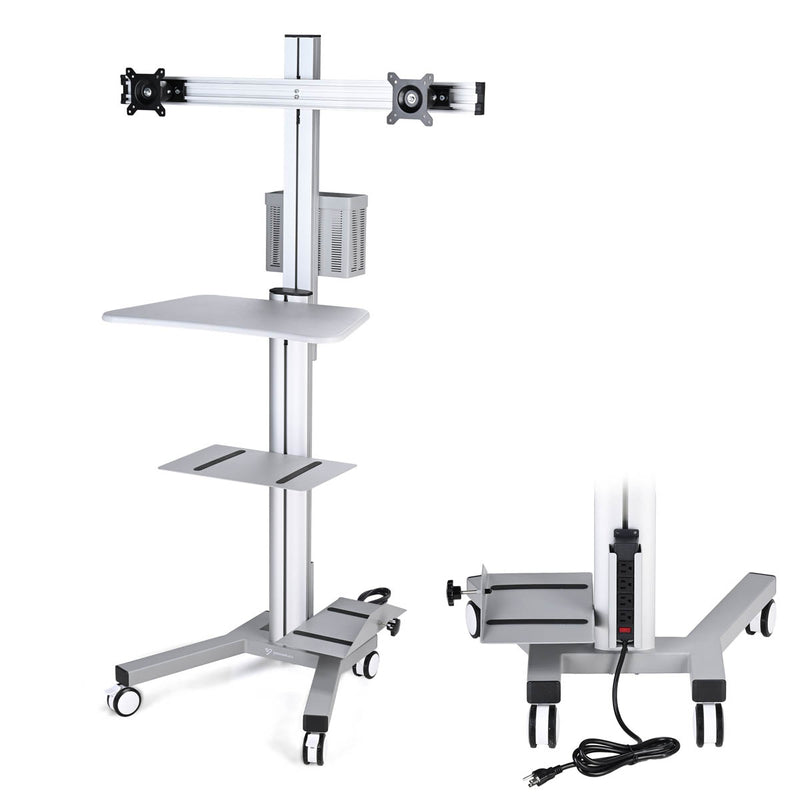 TheDisplayOutlet Mobile Computer Cart with Power Dual Monitor Mount, Silver - Two 32in Monitor Image