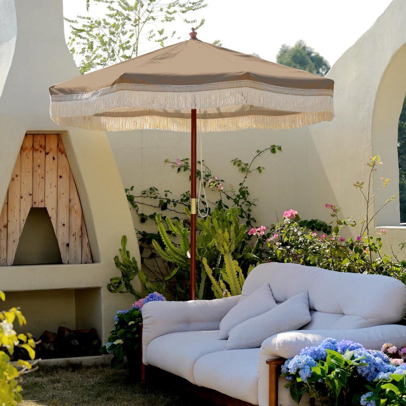 TheDisplayOutlet Patio Umbrella Wooden 7ft 8-Rib Tassel Boho 5-10yr, BH7-10P Image
